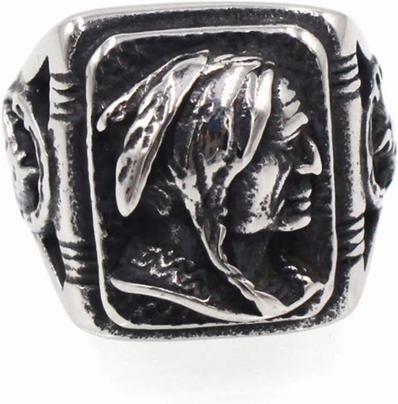 Mens Vintage Classic Stainless Steel Ring Biker Native American Indian Women Head Rings Silver Black Band