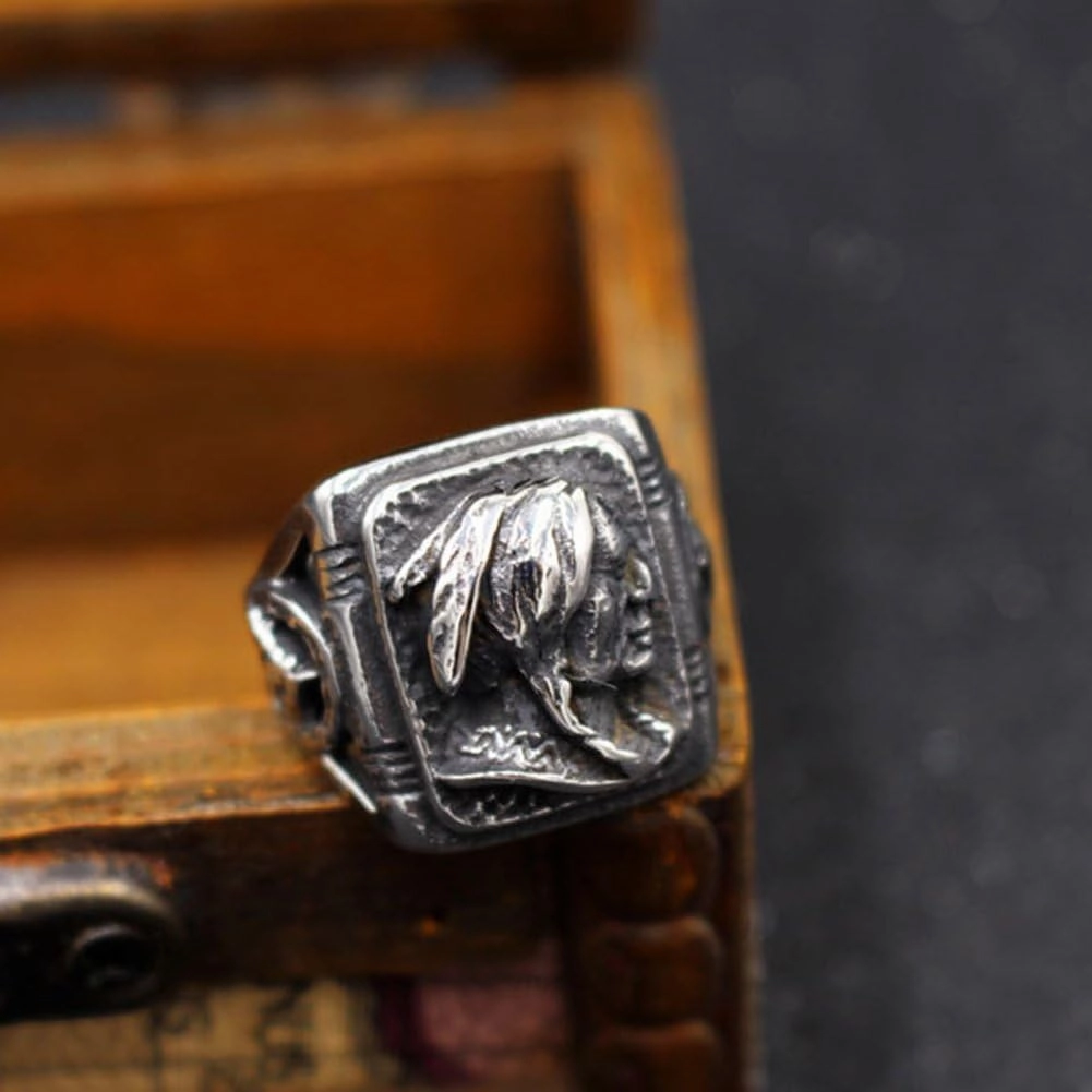 Mens Vintage Classic Stainless Steel Ring Biker Native American Indian Women Head Rings Silver Black Band