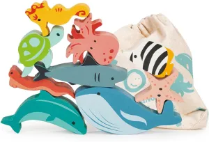Mentari Toys - Happy Stacking Ocean - 9pc Wooden Stacking Toy for Toddlers - Colorful Sea Themed Balancing Activity Toy with Bag - Boost Fine Motor Skills and Dexterity - Educational Toy - Age 18m 