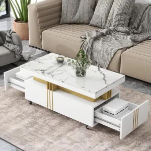 Merax Contemporary Coffee Table with Faux Marble Tabletop, Caster Wheels, and Gold Metal Bars for Living Room, White