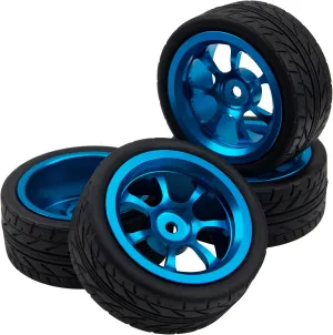 Metal Wheel Rims 12mm Hex Hub & OD 2.56" Rubber Tires Compatible with Tamiya HPI Kyosho HSP Redcat Exceed RC 1/10 On-Road Touring Car WLtoys 1/14 144001 (Dark Blue)