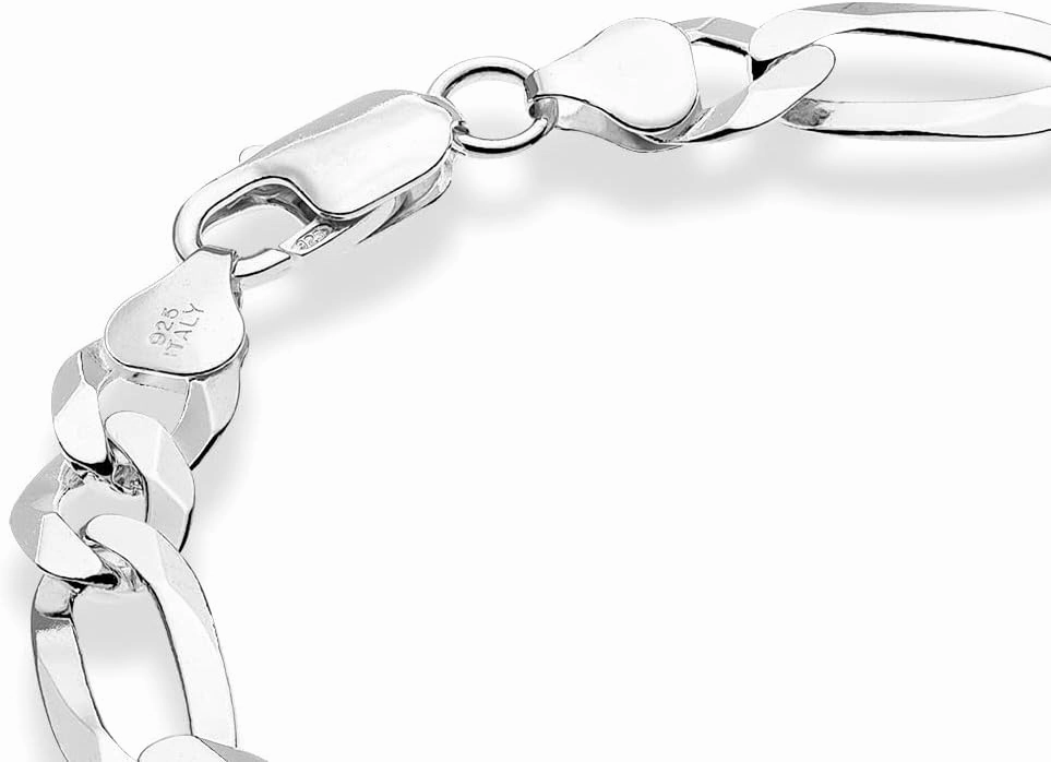 Miabella 925 Sterling Silver Italian Solid 9mm Diamond-Cut Figaro Link Chain Bracelet for Men, Made in Italy