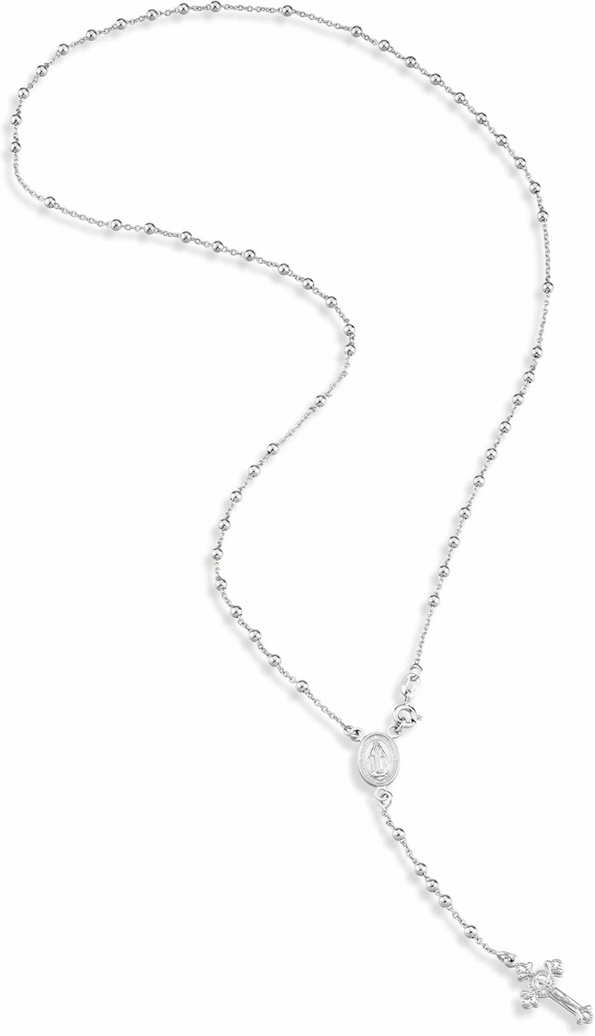 Miabella Italian 925 Sterling Silver or 18K Gold Plated Rosary Bead Cross Y Necklace Chain for Women