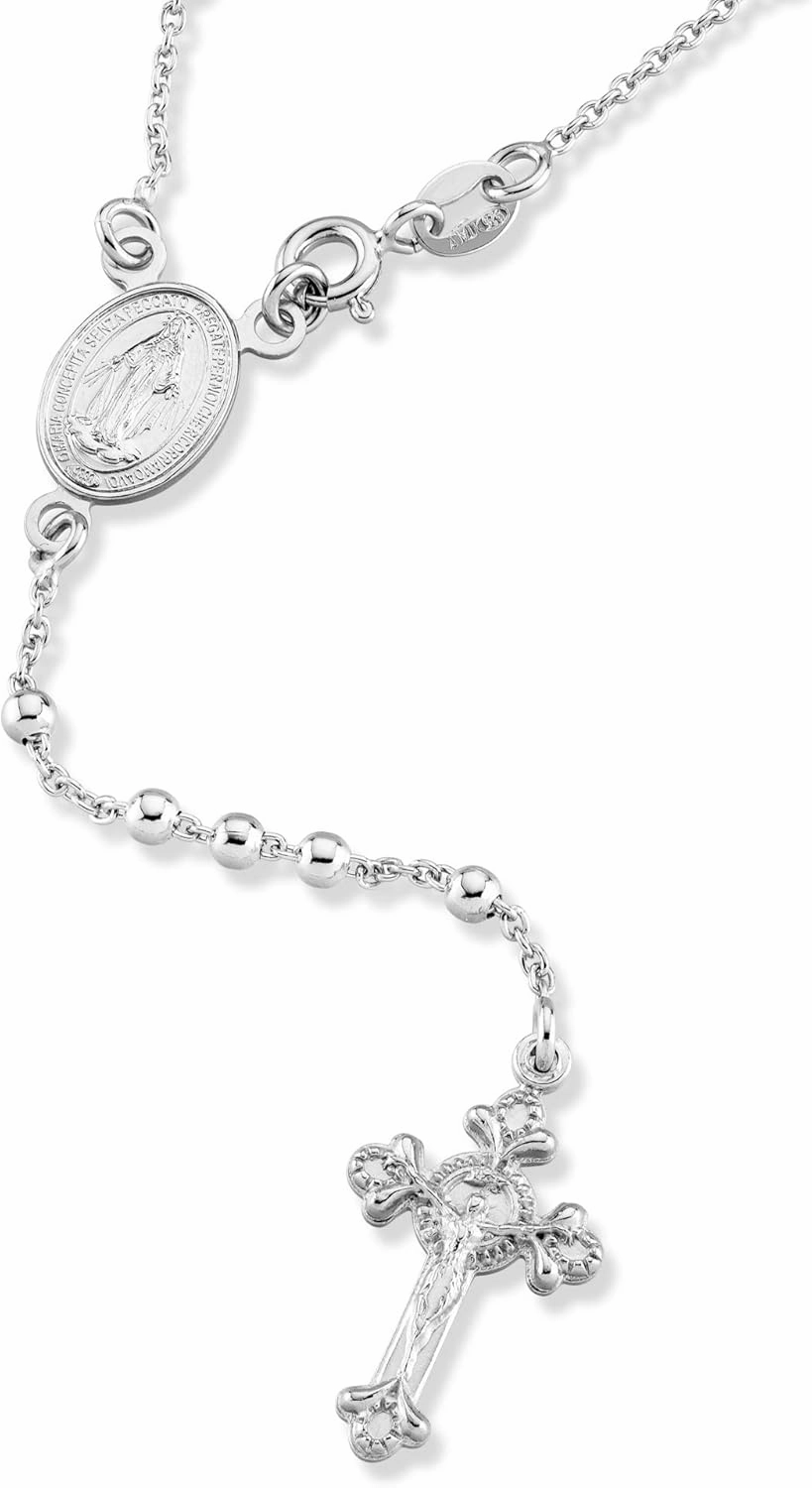 Miabella Italian 925 Sterling Silver or 18K Gold Plated Rosary Bead Cross Y Necklace Chain for Women