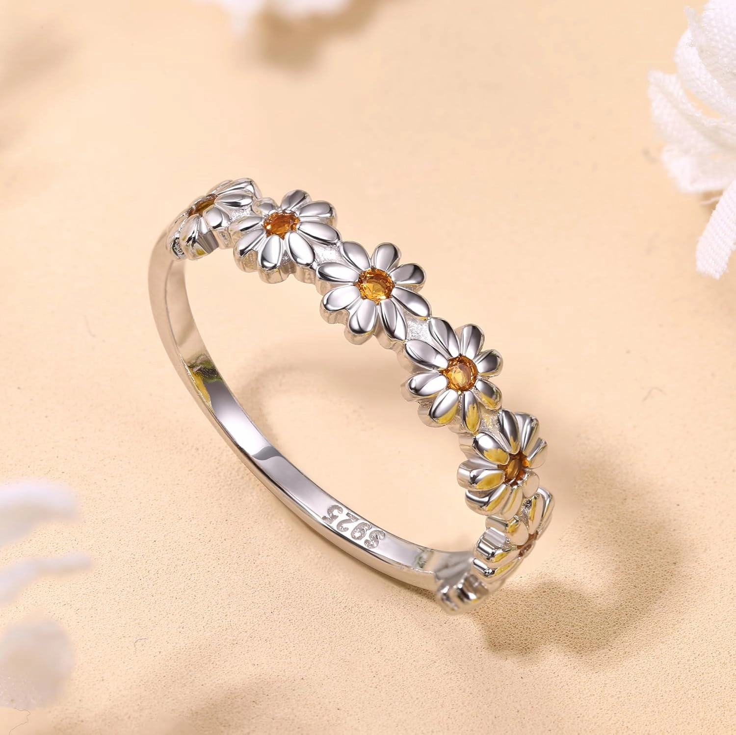 MILACOLATO 925 Sterling Silver Ring 18K Gold Plated Daisy Flower Ring Paved with Coloful Cubic Zirconia High Polished Comfort Fit Sunflower Stacking Statement Wedding Band Ring for Women