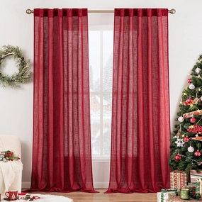 MIULEE Burgundy Red Linen Curtains 84 Inch Length for Bedroom Living Room, Soft Thick Linen Textured Window Drapes Semi Sheer Light Filtering Back Tab Rod Pocket Burlap Look Christmas Decor, 2 Panels