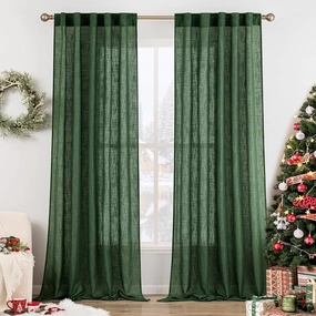 MIULEE Emerald Green Linen Curtains 96 Inch Long for Bedroom Living Room, Soft Thick Linen Textured Window Drapes Semi Sheer Light Filtering Rod Pocket Back Tab Christmas Burlap Look, 2 Panels