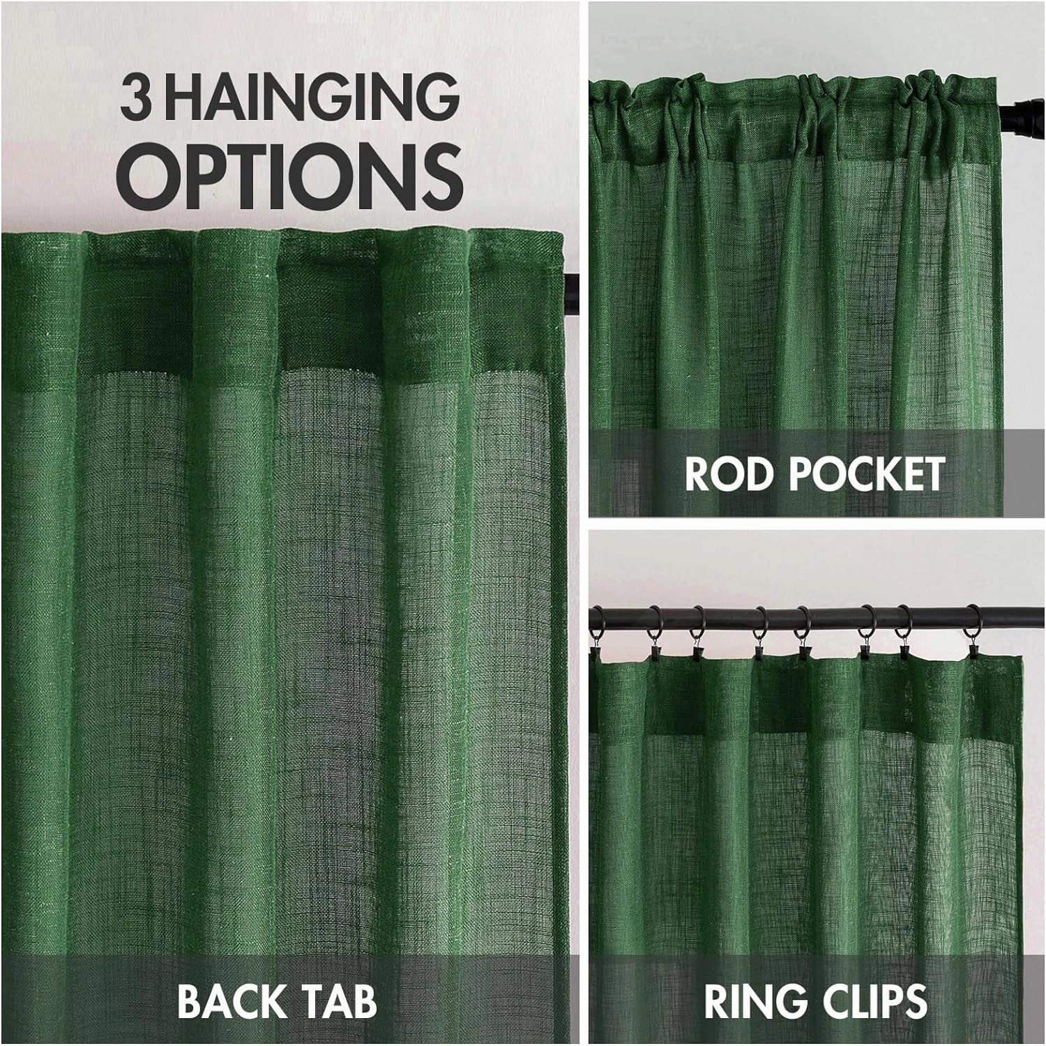 MIULEE Emerald Green Linen Curtains 96 Inch Long for Bedroom Living Room, Soft Thick Linen Textured Window Drapes Semi Sheer Light Filtering Rod Pocket Back Tab Christmas Burlap Look, 2 Panels