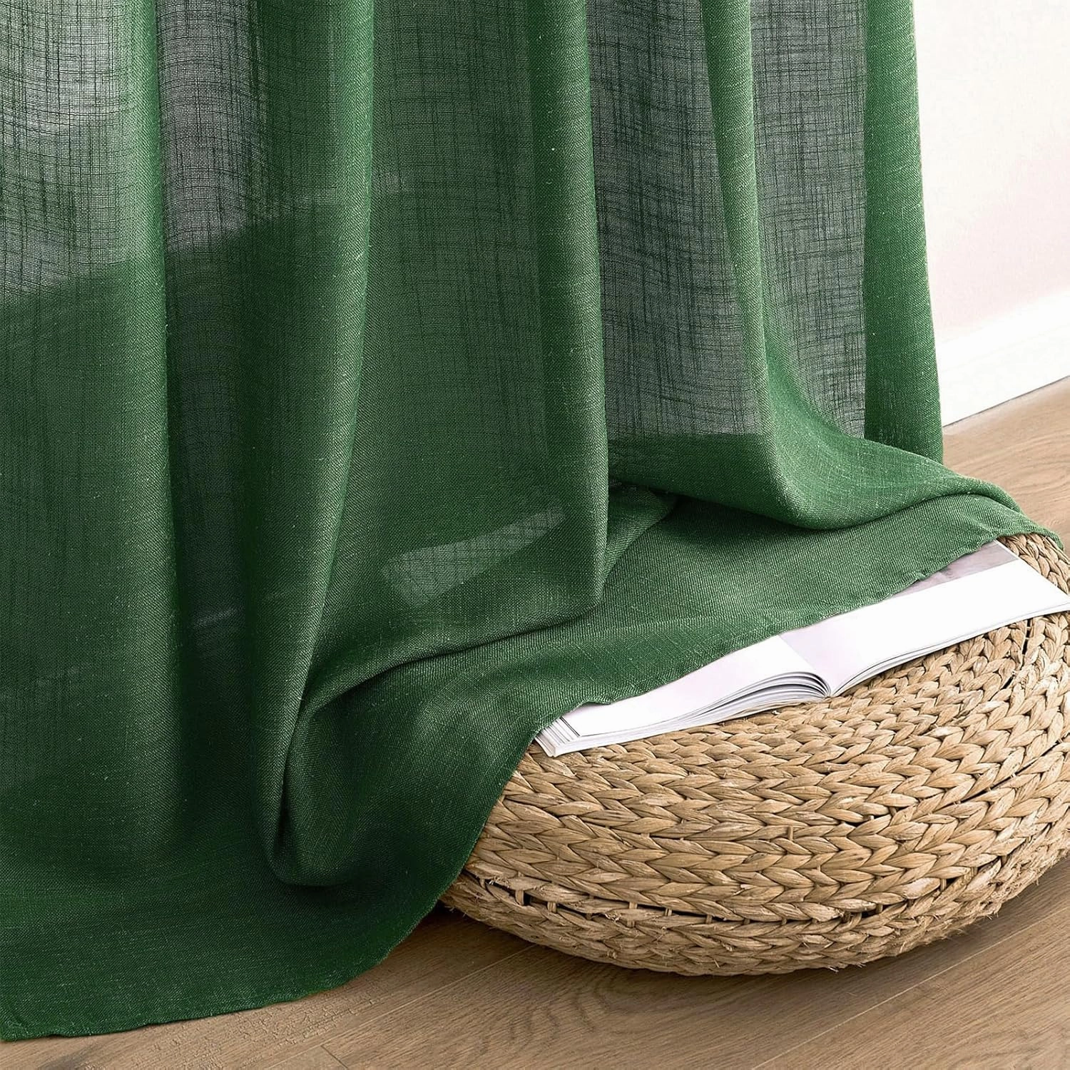 MIULEE Emerald Green Linen Curtains 96 Inch Long for Bedroom Living Room, Soft Thick Linen Textured Window Drapes Semi Sheer Light Filtering Rod Pocket Back Tab Christmas Burlap Look, 2 Panels