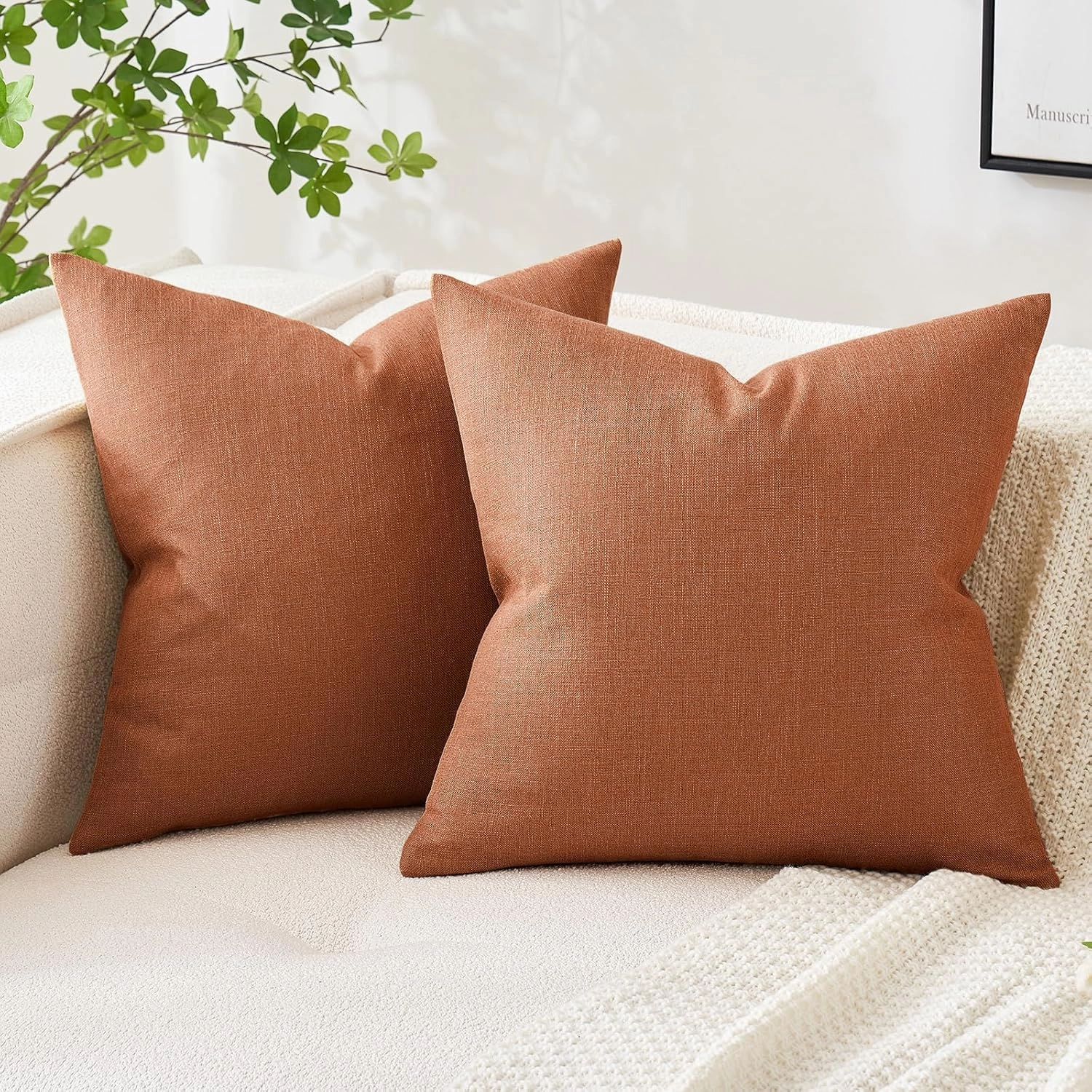 MIULEE Pack of 2 Decorative Linen Burlap Pillow Covers Farmhouse Boho Accent Pillowcases for Sofa Car Couch Bedroom Living Room Decor 20x20 Inch Rust