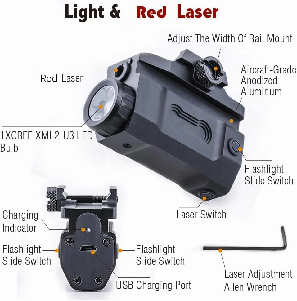 MLG-G032 Red/Green Laser Light Flashlight Sight Combo (Rechargeable)，LED 600 Lumens Tactical Flashlight with Laser，Compact Rail Mount Tactical Flashlight Laser Beams，with Strobe Mode