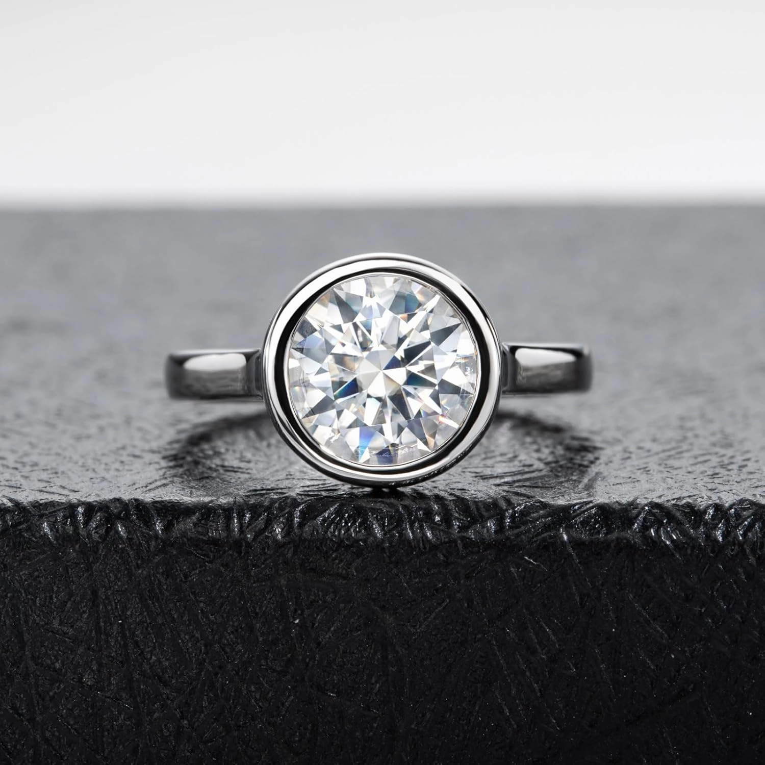 Moissanite Engagement Rings, 1/2/3 CT Bezel Setting Round Lab Created Diamond Solitaire Promise Rings in 14K White Gold Plated Sterling Silver, Anniversary Rings for Women