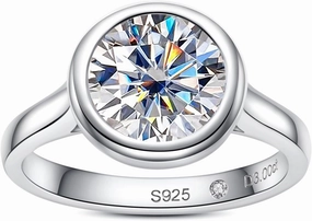 Moissanite Engagement Rings, 1/2/3 CT Bezel Setting Round Lab Created Diamond Solitaire Promise Rings in 14K White Gold Plated Sterling Silver, Anniversary Rings for Women