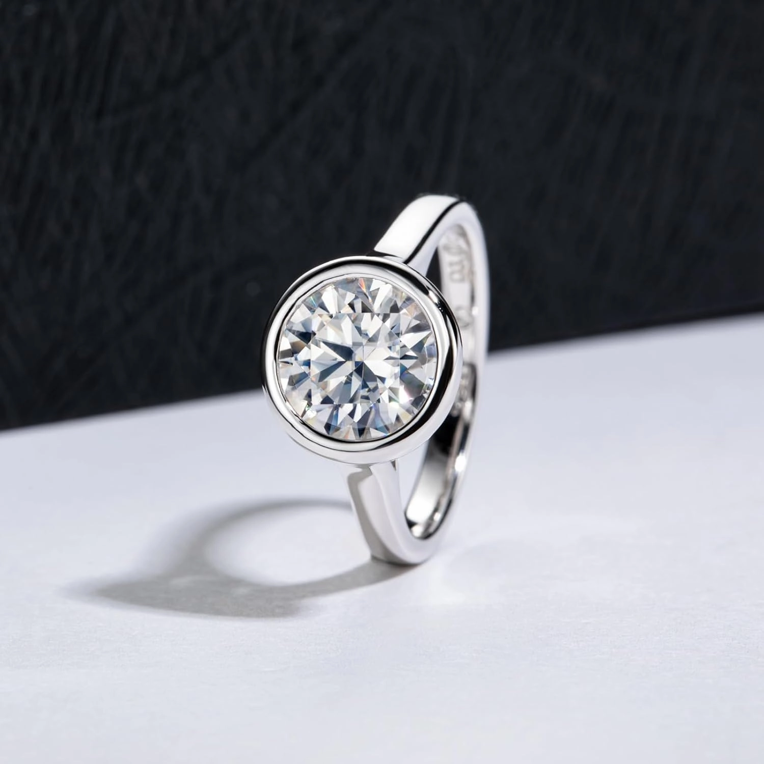 Moissanite Engagement Rings, 1/2/3 CT Bezel Setting Round Lab Created Diamond Solitaire Promise Rings in 14K White Gold Plated Sterling Silver, Anniversary Rings for Women