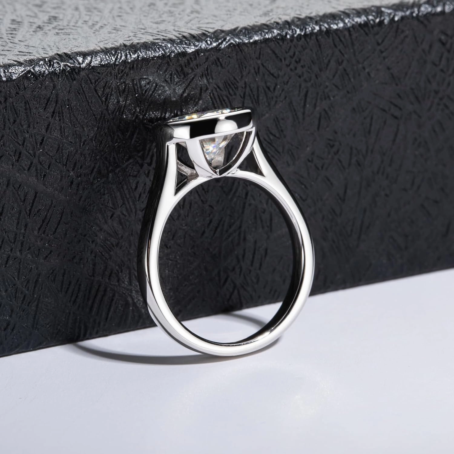 Moissanite Engagement Rings, 1/2/3 CT Bezel Setting Round Lab Created Diamond Solitaire Promise Rings in 14K White Gold Plated Sterling Silver, Anniversary Rings for Women