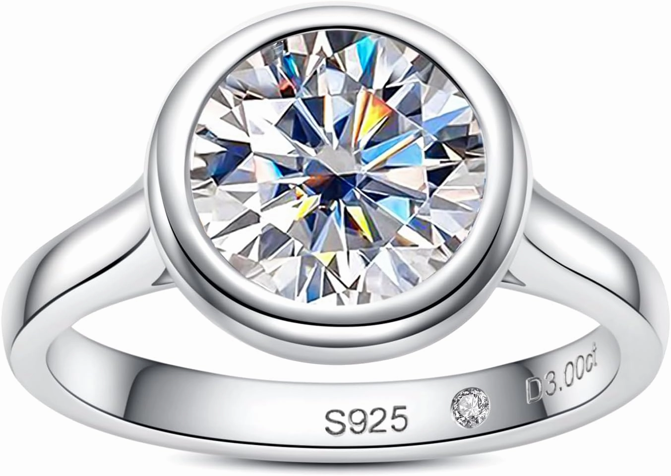 Moissanite Engagement Rings, 1/2/3 CT Bezel Setting Round Lab Created Diamond Solitaire Promise Rings in 14K White Gold Plated Sterling Silver, Anniversary Rings for Women