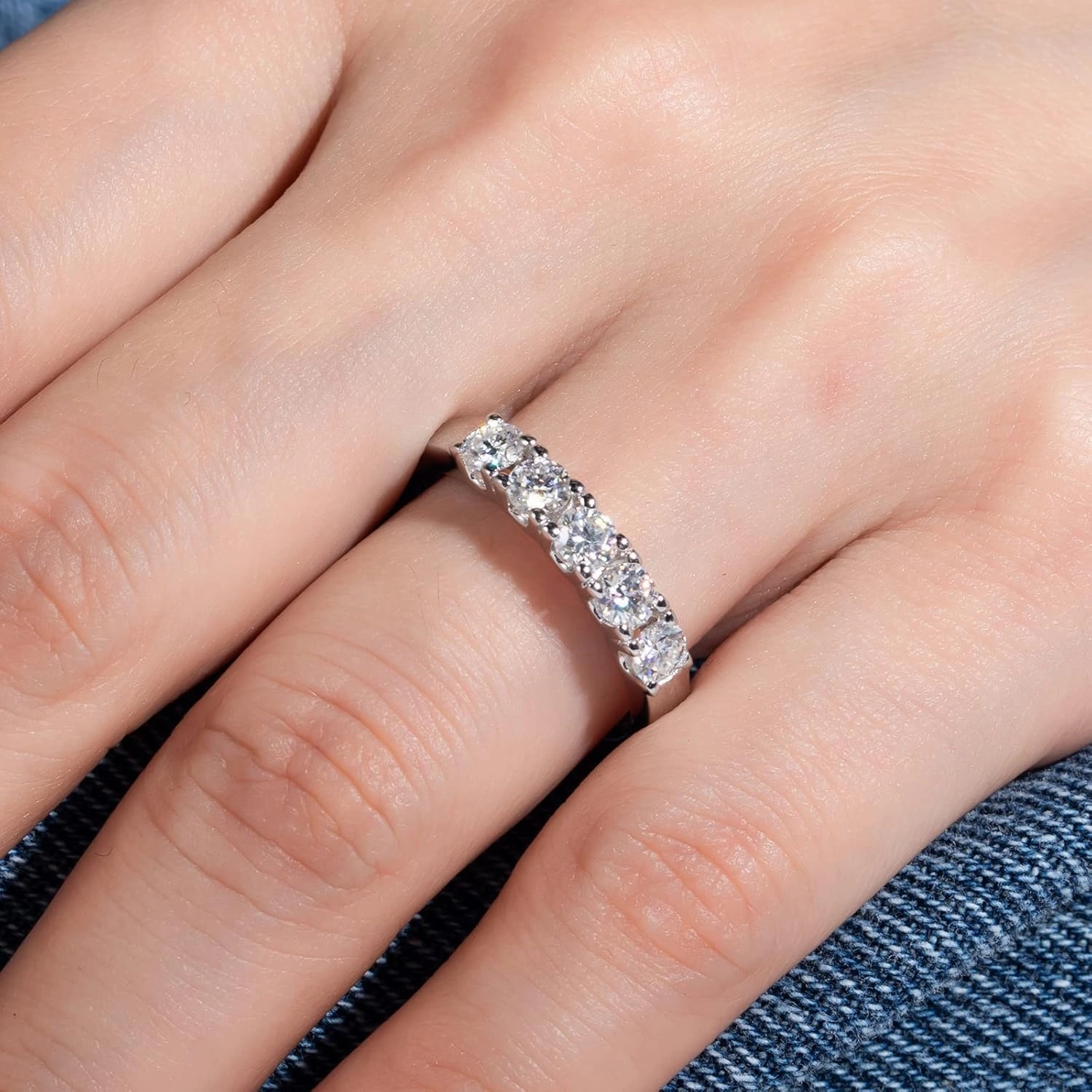 Moissanite Eternity Rings Wedding Bands D Color VVS1 Clarity Round Brilliant Cut 925 Sterling Silver 5/6 Stones Anniversary Band Rings for Women with Certificate