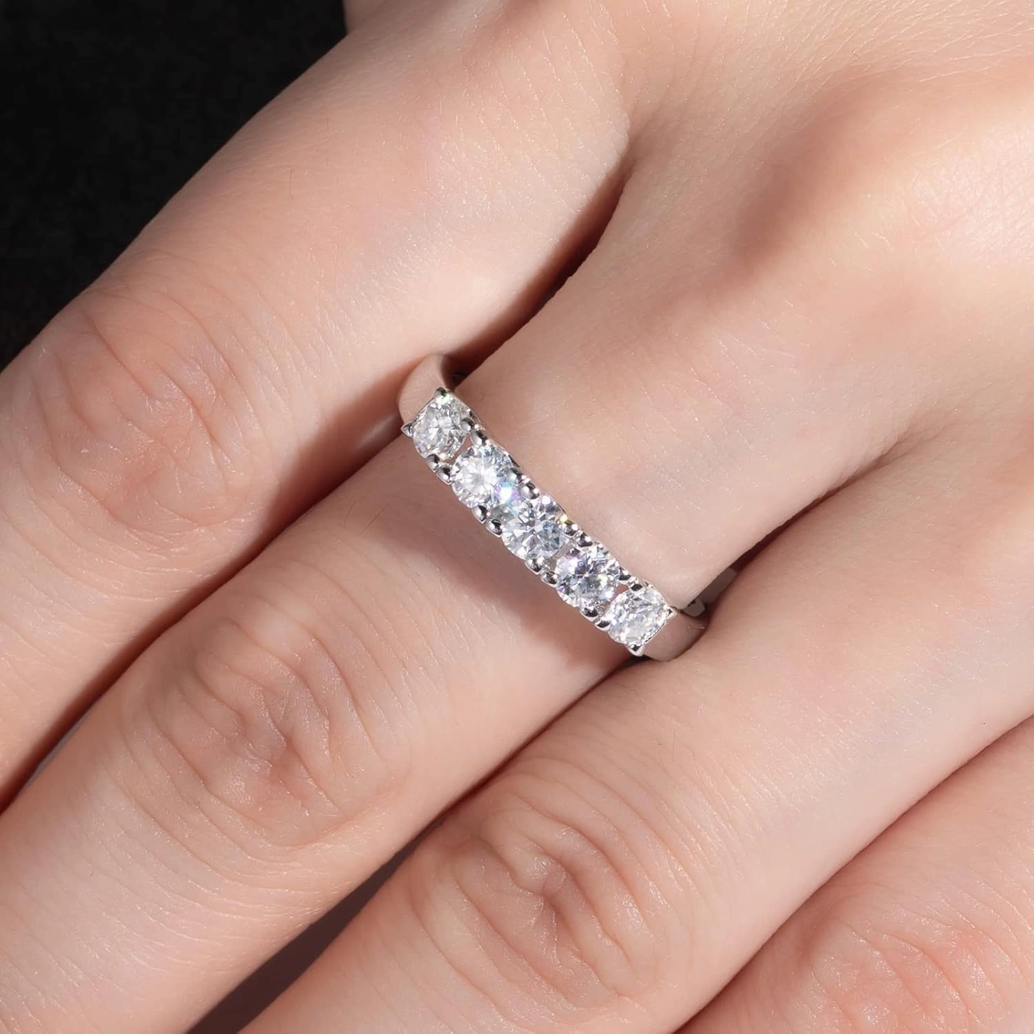 Moissanite Eternity Rings Wedding Bands D Color VVS1 Clarity Round Brilliant Cut 925 Sterling Silver 5/6 Stones Anniversary Band Rings for Women with Certificate