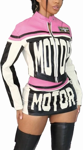 Molilove Women's 2 Piece Outfits Zipper Jacket High Waist Bodycon Mini Skirt Set Motorcycle Varsity Jacket Coat Streetwear
