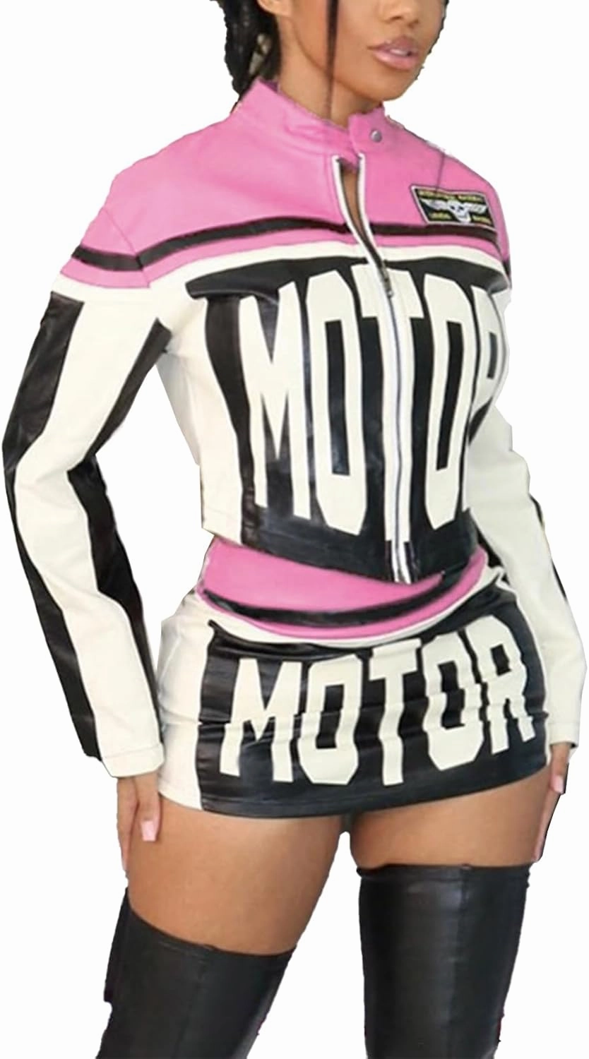 Molilove Women's 2 Piece Outfits Zipper Jacket High Waist Bodycon Mini Skirt Set Motorcycle Varsity Jacket Coat Streetwear