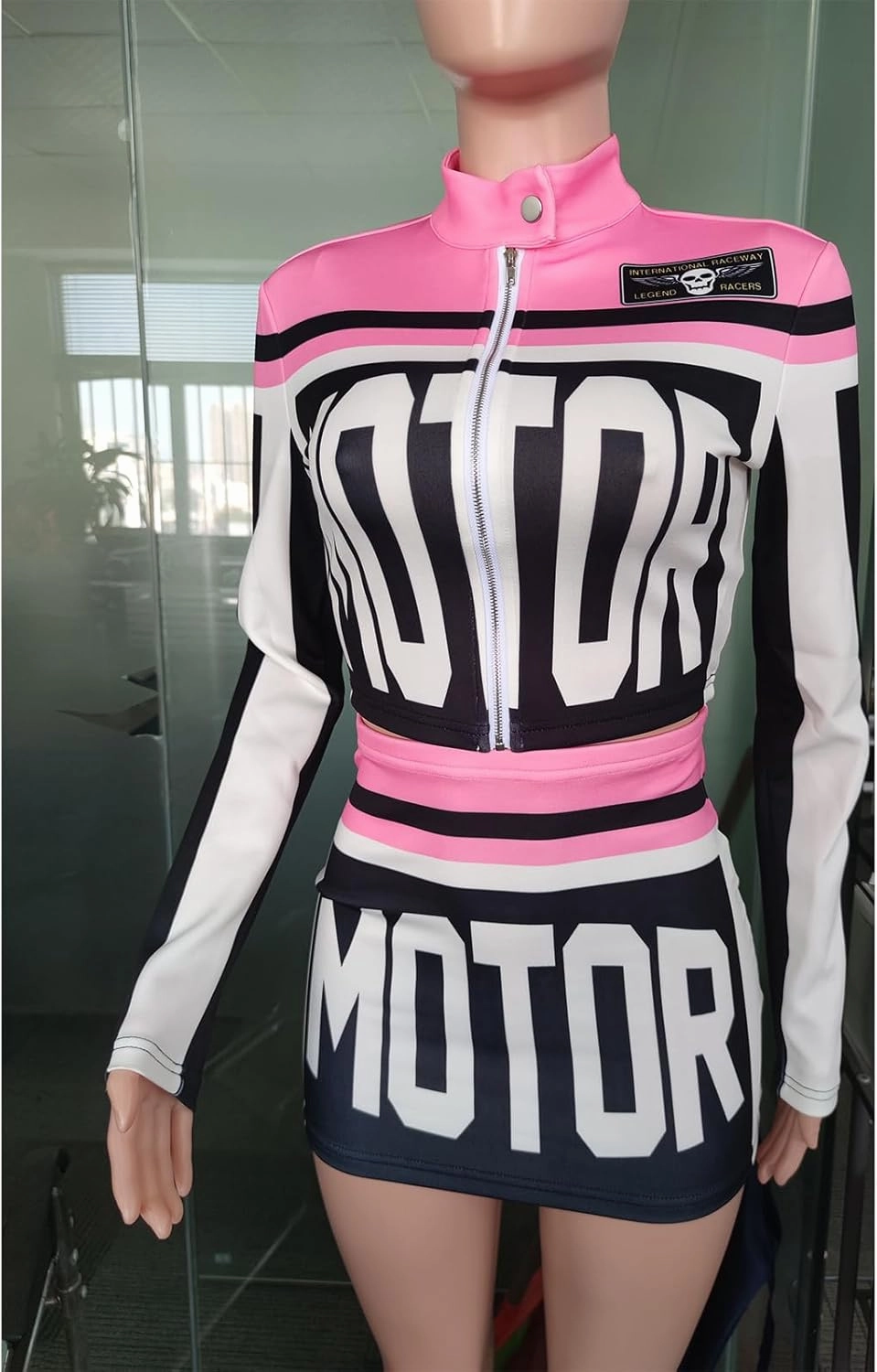 Molilove Women's 2 Piece Outfits Zipper Jacket High Waist Bodycon Mini Skirt Set Motorcycle Varsity Jacket Coat Streetwear