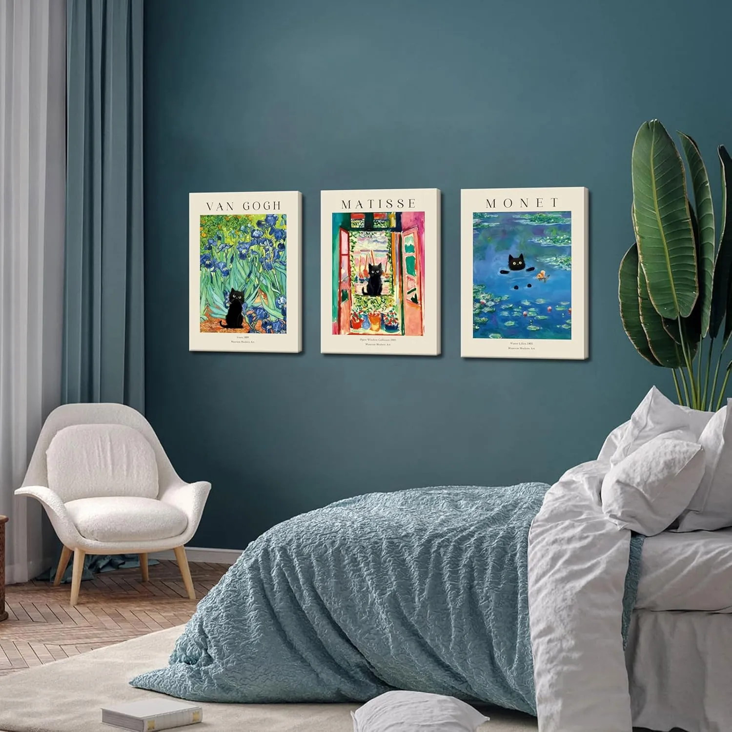 Monet Wall Art Set of 3 - Van Gogh Black Cat Flower Field Canvas Paintings Prints, Matisse Abstract Black Cat Aesthetic Pictures for Room Bedroom Living Room Bathroom 12x16 in Framed