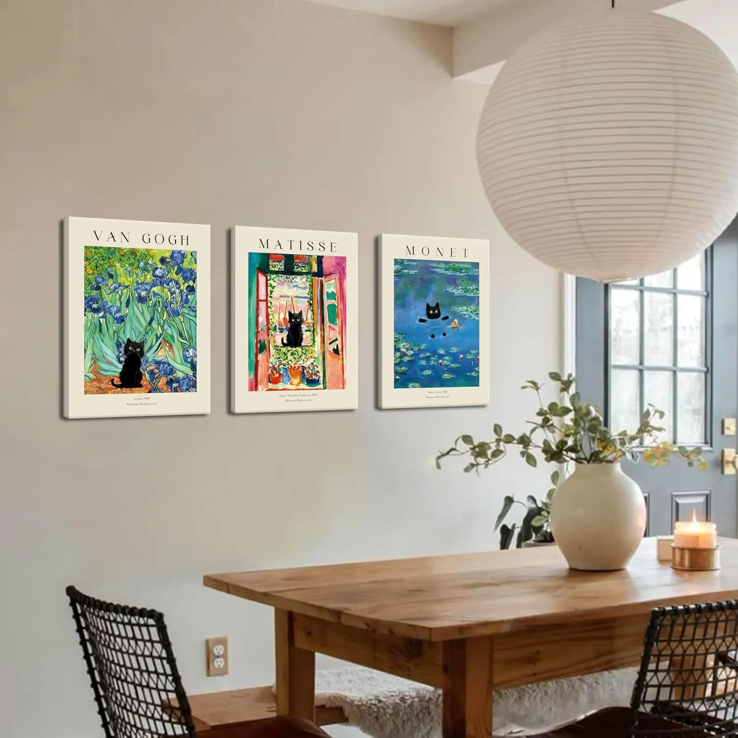 Monet Wall Art Set of 3 - Van Gogh Black Cat Flower Field Canvas Paintings Prints, Matisse Abstract Black Cat Aesthetic Pictures for Room Bedroom Living Room Bathroom 12x16 in Framed