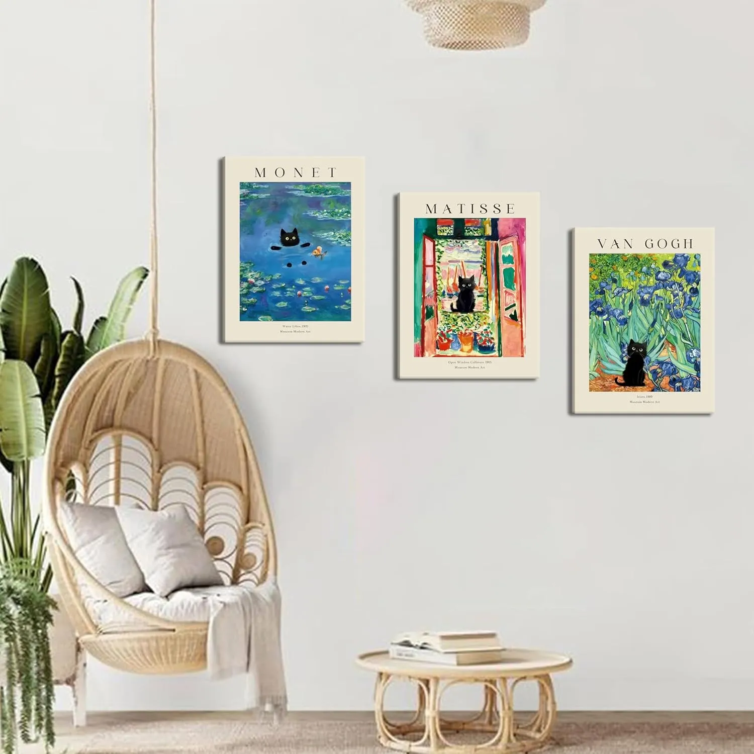 Monet Wall Art Set of 3 - Van Gogh Black Cat Flower Field Canvas Paintings Prints, Matisse Abstract Black Cat Aesthetic Pictures for Room Bedroom Living Room Bathroom 12x16 in Framed