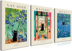 Monet Wall Art Set of 3 - Van Gogh Black Cat Flower Field Canvas Paintings Prints, Matisse Abstract Black Cat Aesthetic Pictures for Room Bedroom Living Room Bathroom 12x16 in Framed