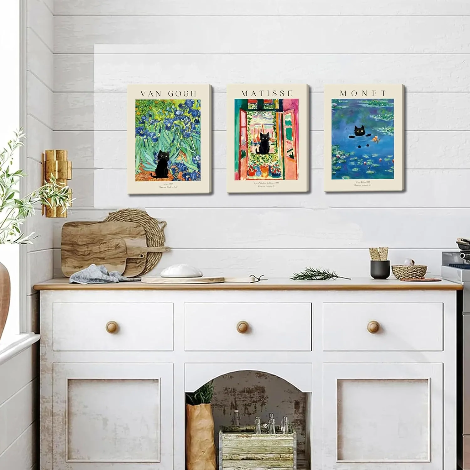 Monet Wall Art Set of 3 - Van Gogh Black Cat Flower Field Canvas Paintings Prints, Matisse Abstract Black Cat Aesthetic Pictures for Room Bedroom Living Room Bathroom 12x16 in Framed