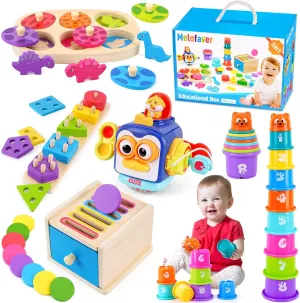 Montessori Toys for 1 2 Year Old, Educational Learning Toys Set Toddler Toys with Stacking Cups, Sensory Busy Cube, Dinosaur Puzzles, Montessori Coin Box, Stacking Toys, Gifts for Boys Girls