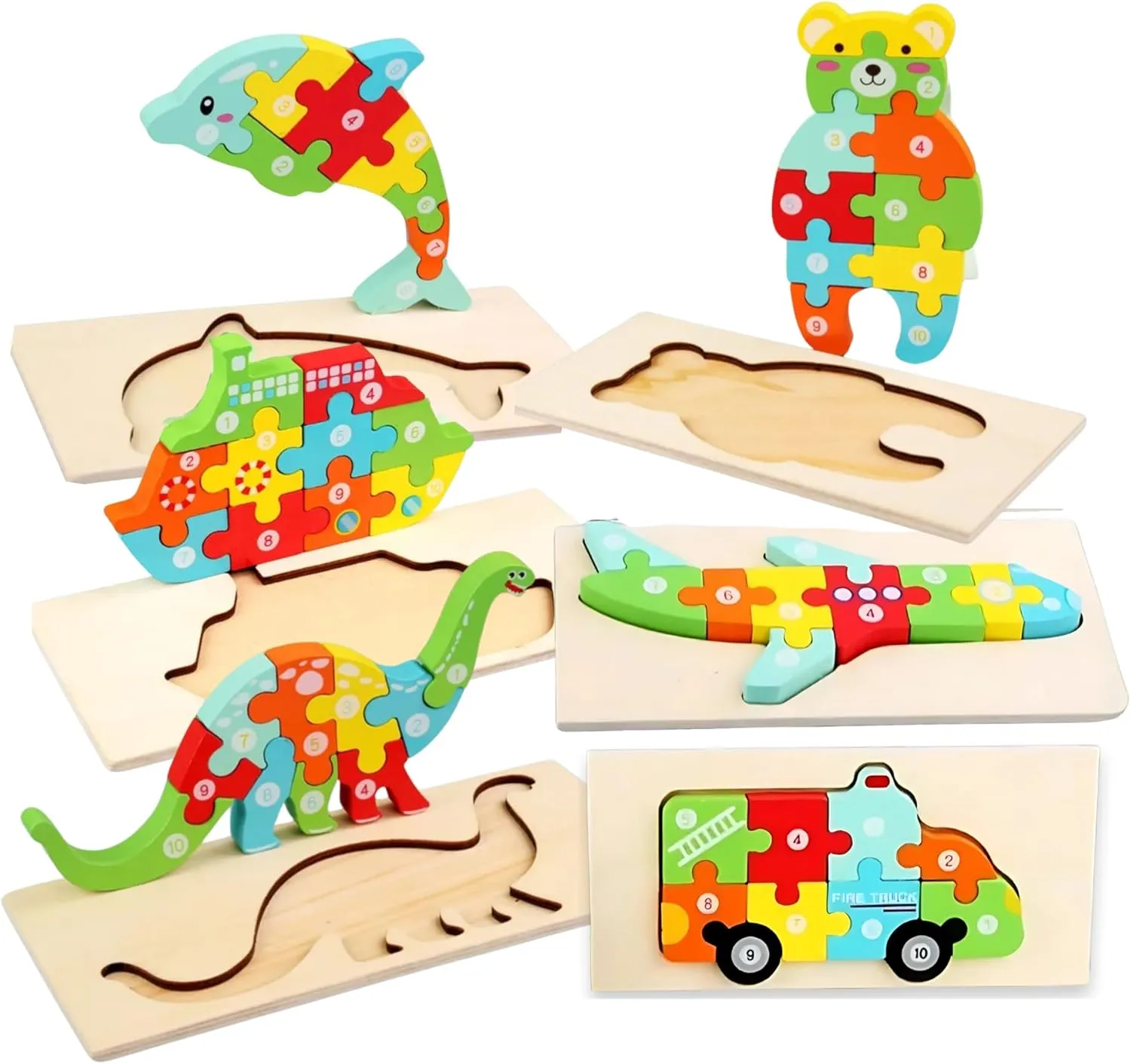 Montessori Wooden Puzzle Set for Toddlers Ages 3-5 – Educational Learning Toys for Kids – Numbers, Colors & Shapes – 6 Designs: Dinosaur, Fire Truck, Boat, Airplane, Bear & Dolphin