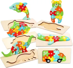 Montessori Wooden Puzzle Set for Toddlers Ages 3-5 – Educational Learning Toys for Kids – Numbers, Colors & Shapes – 6 Designs: Dinosaur, Fire Truck, Boat, Airplane, Bear & Dolphin