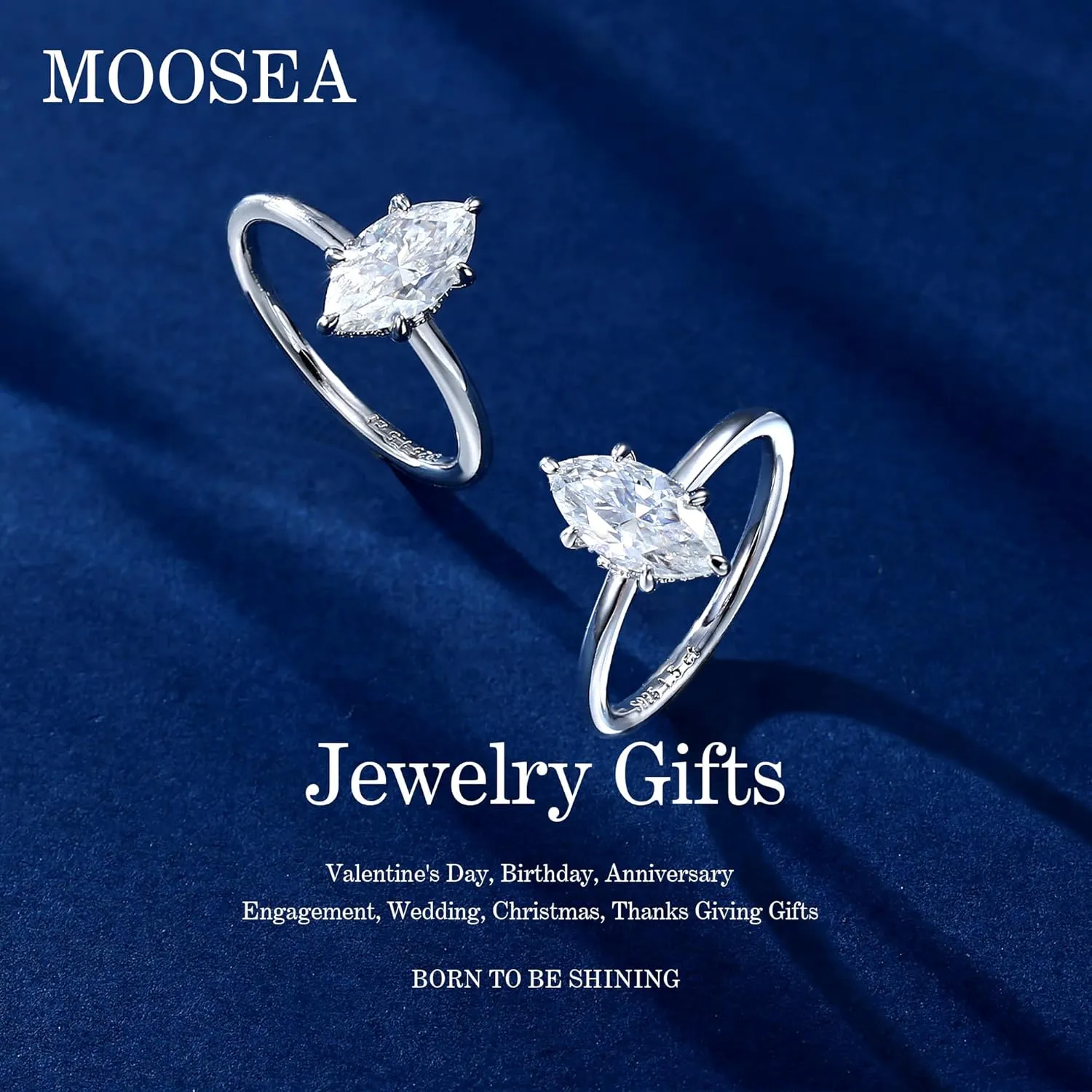 MOOSEA Marquise Moissanite Rings for Women, 1.5CT D Color VVS1 Clarity 14K White Gold Vermeil Moissanite Engagement Ring