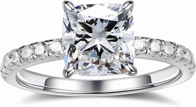 MOOSEA 2CT Cushion Cut Moissanite Engagement Rings for Women, D Color VVS1 Clarity Lab Created Moissanite Wedding Rings 14K White Gold Vermeil Four Claw Moissanite Rings