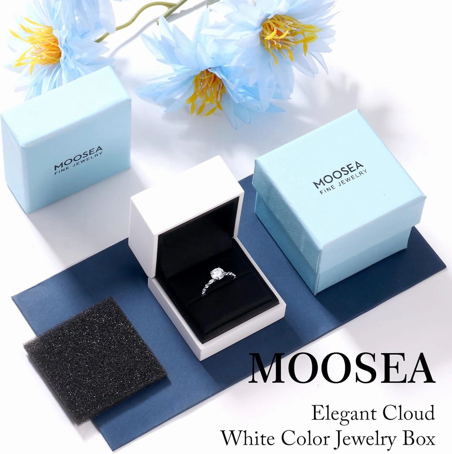 MOOSEA Round Moissanite Rings for Women, 1-3ct D Color VVS1 Clarity Lab Created Ring 925 Sterling Silver Marquise and Round Side Stone Moissanite Engagement Rings for Women Jewelry Gifts for Her