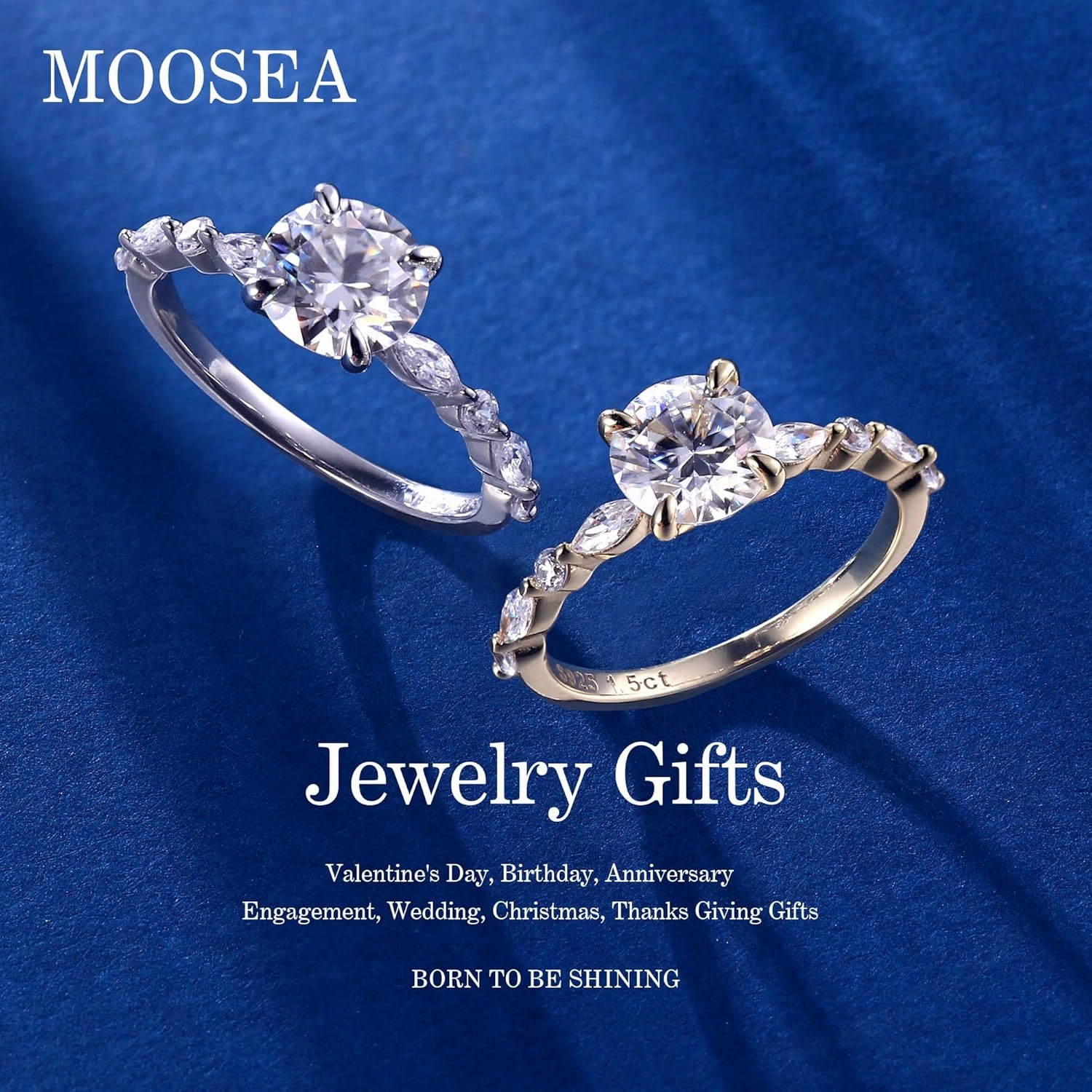 MOOSEA Round Moissanite Rings for Women, 1-3ct D Color VVS1 Clarity Lab Created Ring 925 Sterling Silver Marquise and Round Side Stone Moissanite Engagement Rings for Women Jewelry Gifts for Her