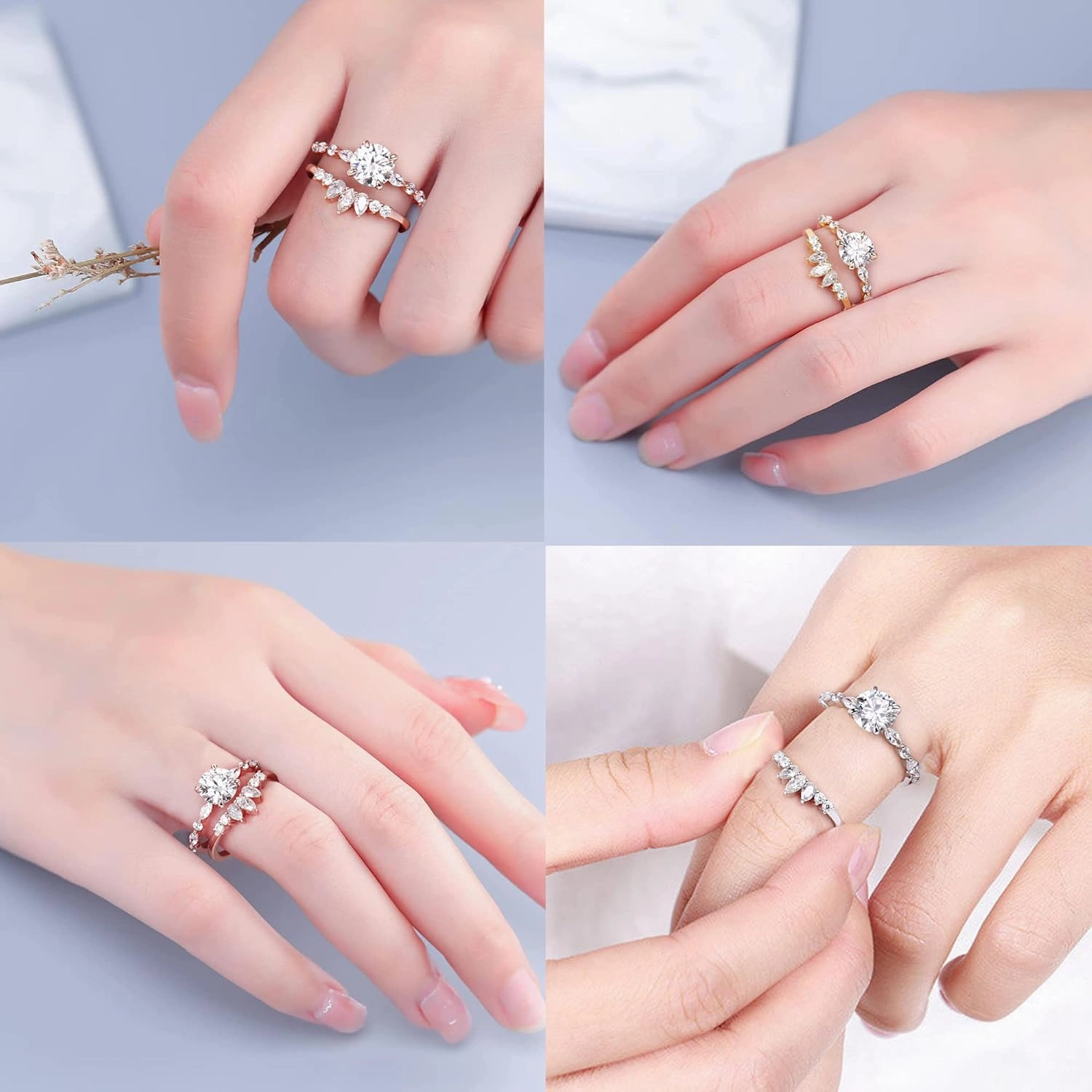 MOOSEA Round Moissanite Rings for Women, 1-3ct D Color VVS1 Clarity Lab Created Ring 925 Sterling Silver Marquise and Round Side Stone Moissanite Engagement Rings for Women Jewelry Gifts for Her