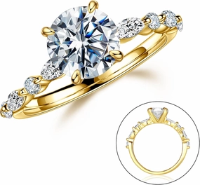 MOOSEA Round Moissanite Rings for Women, 1-3ct D Color VVS1 Clarity Lab Created Ring 925 Sterling Silver Marquise and Round Side Stone Moissanite Engagement Rings for Women Jewelry Gifts for Her