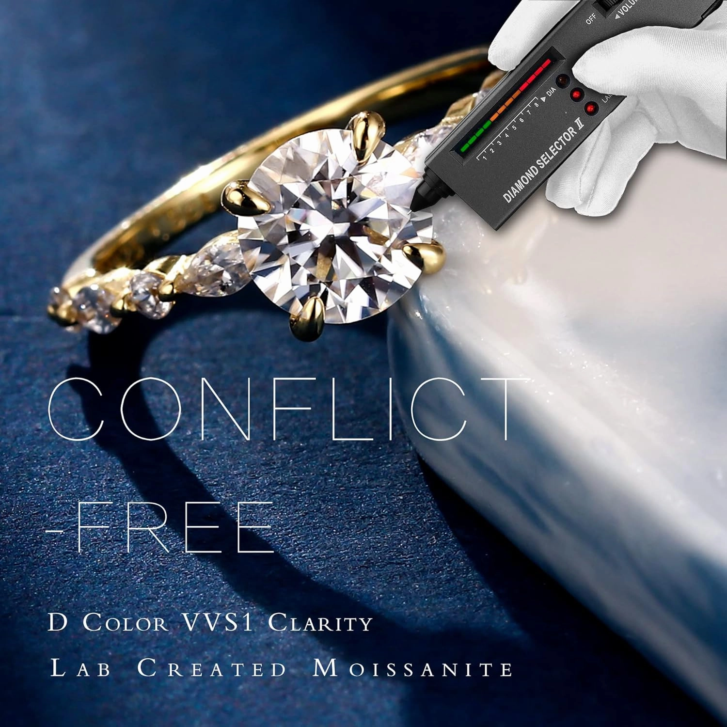 MOOSEA Round Moissanite Rings for Women, 1-3ct D Color VVS1 Clarity Lab Created Ring 925 Sterling Silver Marquise and Round Side Stone Moissanite Engagement Rings for Women Jewelry Gifts for Her