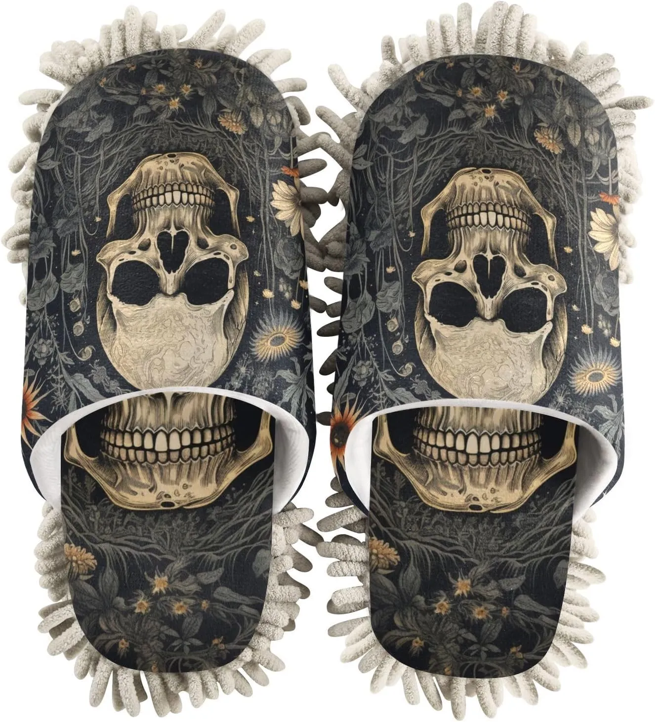 Mop Slippers Skll in Plants Print, Funny Slippers Dust Cleaner for Women Men Size:5-8