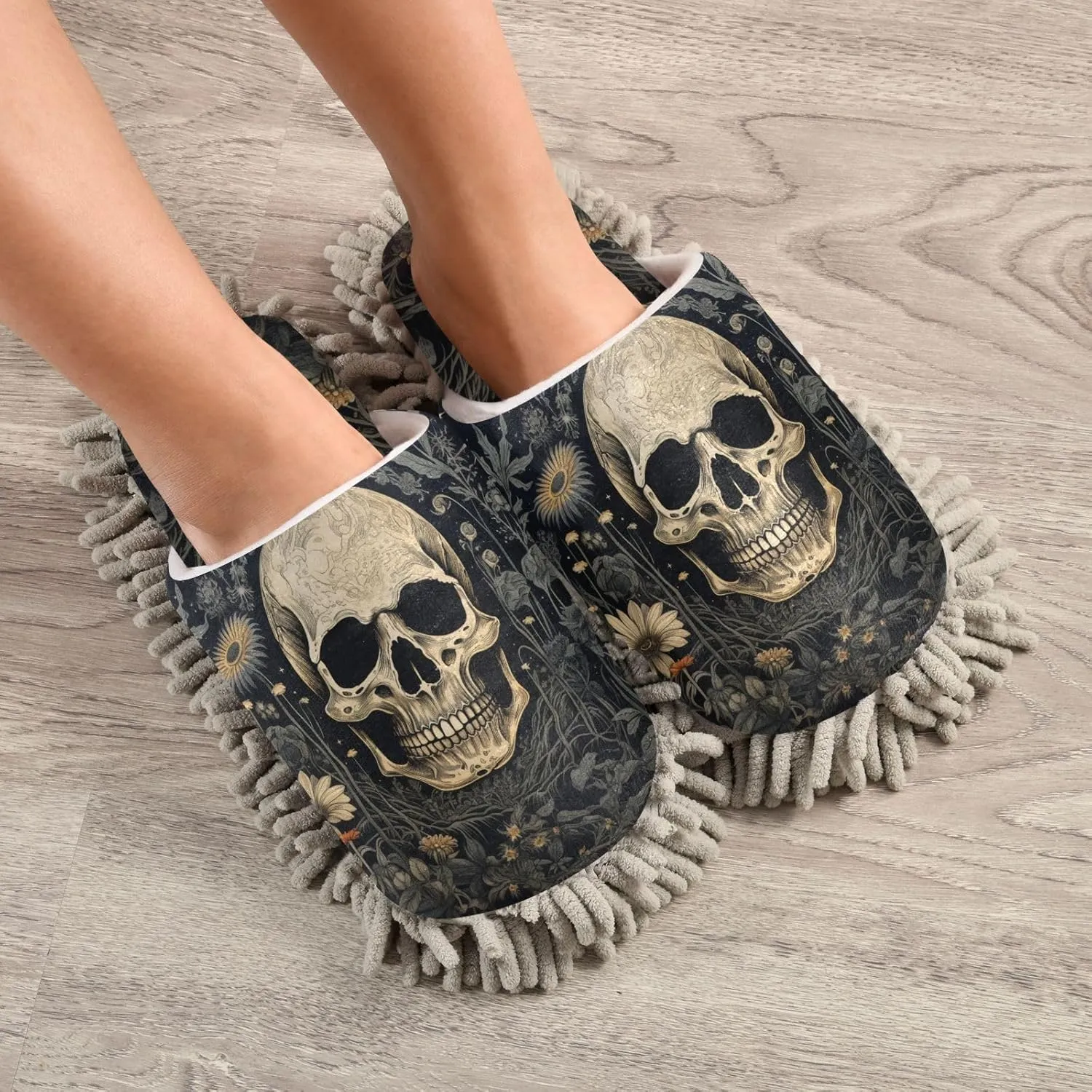Mop Slippers Skll in Plants Print, Funny Slippers Dust Cleaner for Women Men Size:5-8