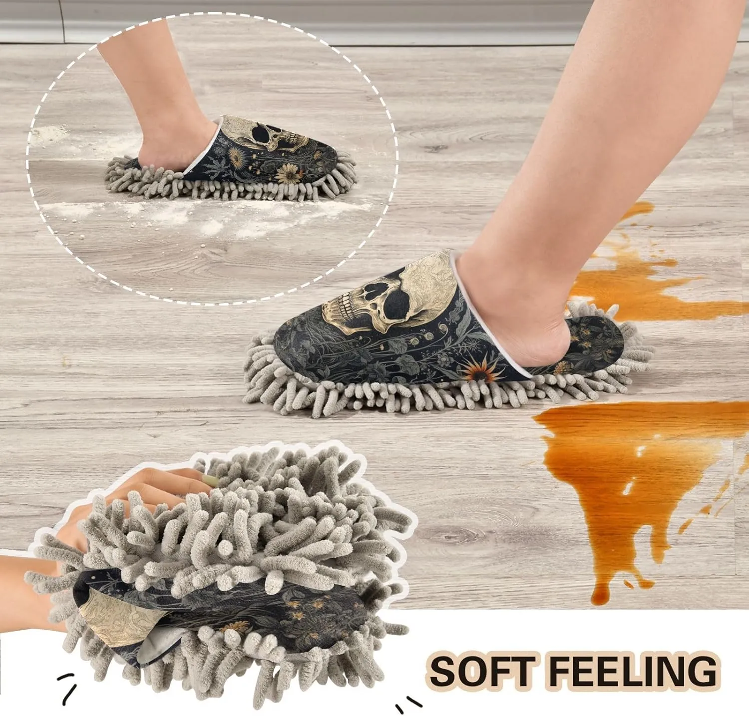 Mop Slippers Skll in Plants Print, Funny Slippers Dust Cleaner for Women Men Size:5-8