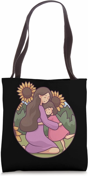 Mother And Child Hug With Sunflowers Tote Bag