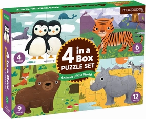 Mudpuppy Animals of The World 4-in-A-Box Puzzle Set, 12