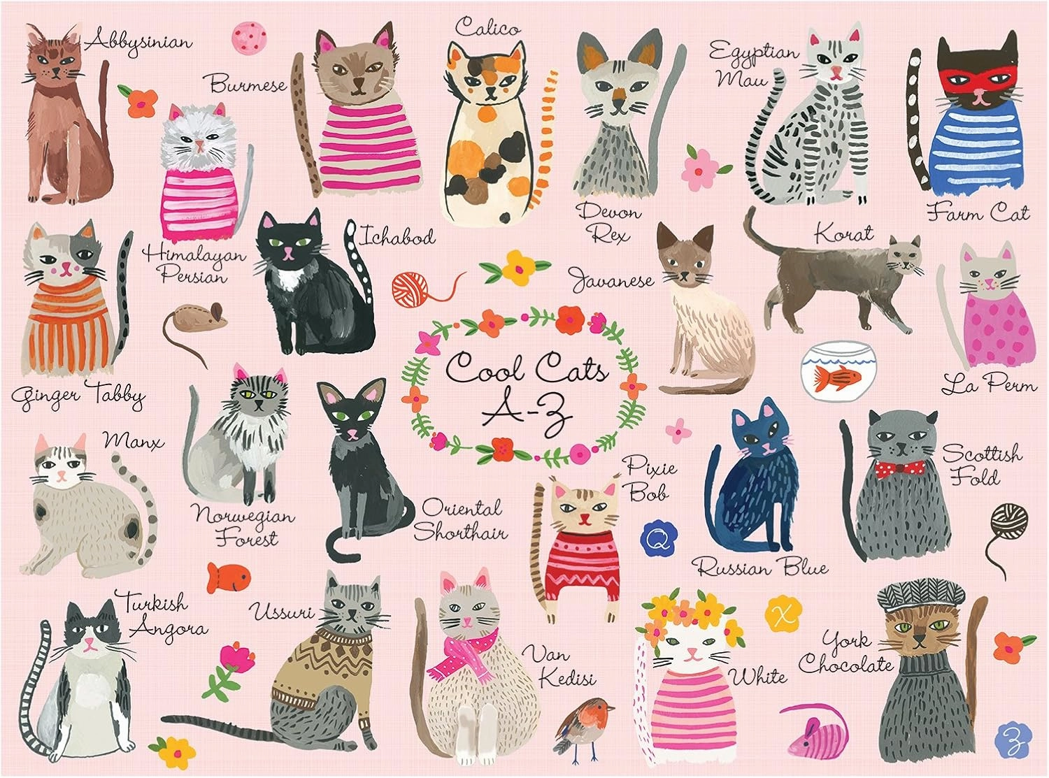 Mudpuppy Cool Cats A-Z Puzzle, 1000 Piece Cat Jigsaw Puzzle, 27”x20”, Perfect for Ages 8-99 , Family Puzzle to Celebrate Dogs, Illustrations of 23 Cat Breeds, Great Gift for Cat Lovers