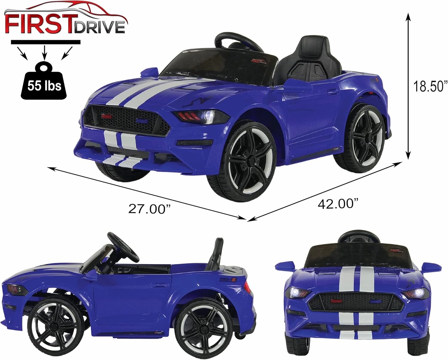 Mustang - Ride on Car - Electric Car for Kids - Kids Car with Parent Remote, MP3 Music Playback, AUX Port, Spring Suspension, LED Lights, Rear Wheel Drive, for Boys/Girls (Blue)