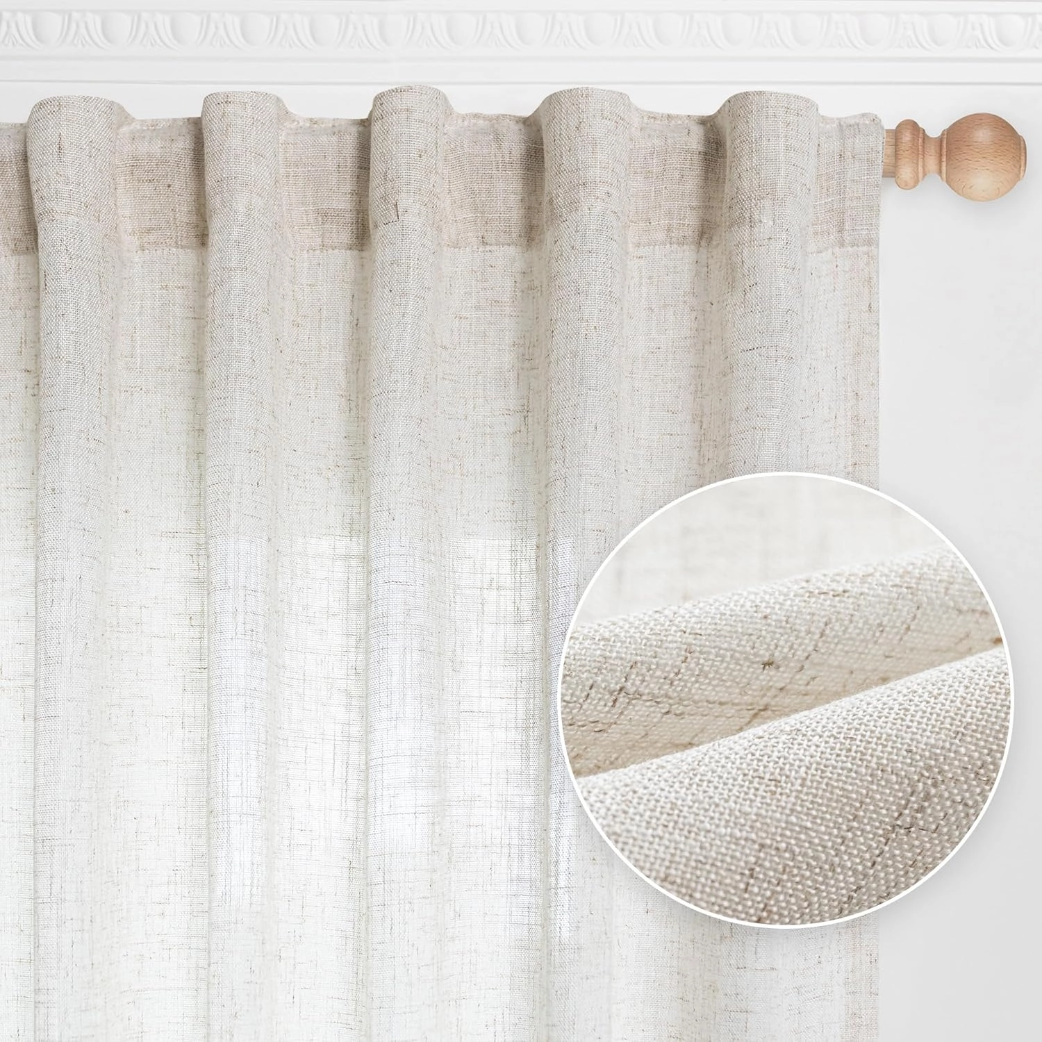MYSKY HOME Linen Curtains for Living Room, Natural Semi Sheer Curtains & Drapes 84 inches Length 2 Panels Set Farmhouse Country Boho Style Back Tab Draperies for Sliding Glass Door, 50" Wide, Linen