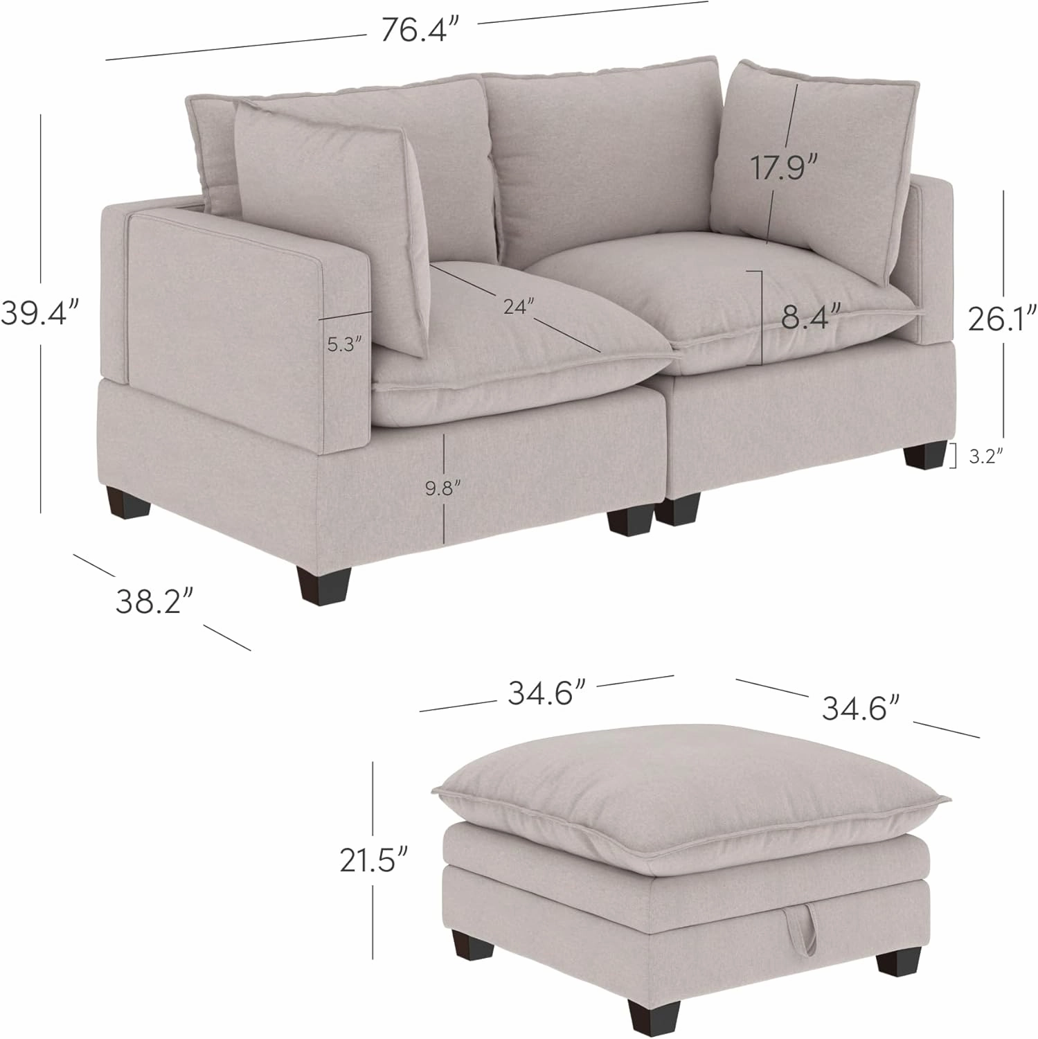 Nathan James Chelsea Modern Cloud Sofa with Ottoman, 2-Seater Sofa Loveseat and Ottoman Set with Linen Upholstery and Deep Seat Cushions, Beige Linen