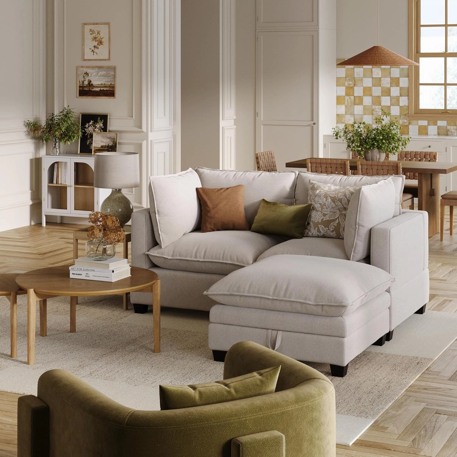 Nathan James Chelsea Modern Cloud Sofa with Ottoman, 2-Seater Sofa Loveseat and Ottoman Set with Linen Upholstery and Deep Seat Cushions, Beige Linen
